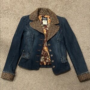 Vintage D&G Women's Blue Denim Jacket with Brown Tweed Accents